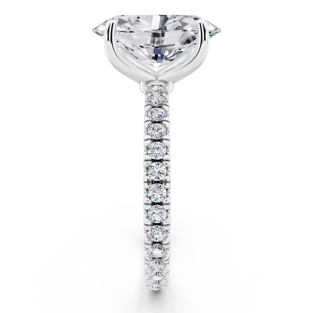 18 KT White Gold Oval Cut Diamond Solitaire Ring with Pave Eternity Band - side view