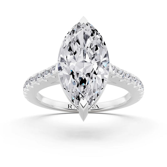 Platinum Marquise Cut Diamond Claw Prong Solitaire Ring with French Pave Band - front view