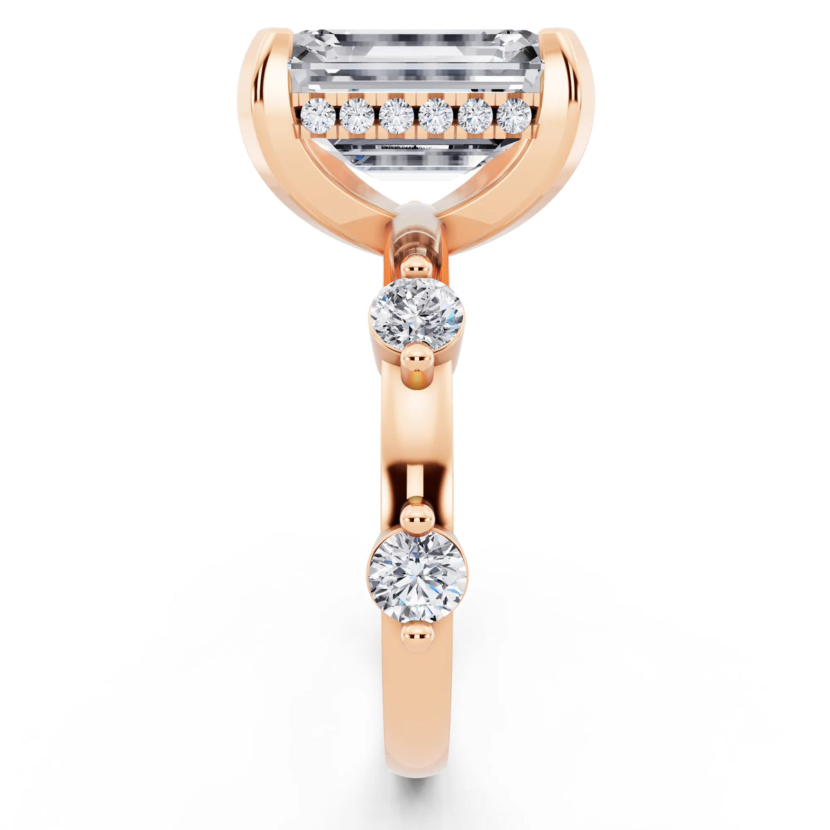 18 KT Rose Gold Emerald Cut Diamond Solitaire Ring with Floating Diamond Accents - side view