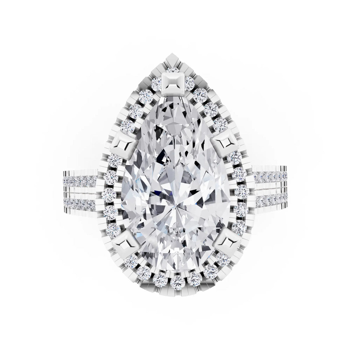 14 KT White Gold Pear Cut Diamond Halo Ring with Twin Pave Band - top angle