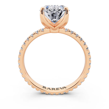 18 KT Rose Gold Oval Cut Diamond Solitaire Ring with Pave Eternity Band - through finger