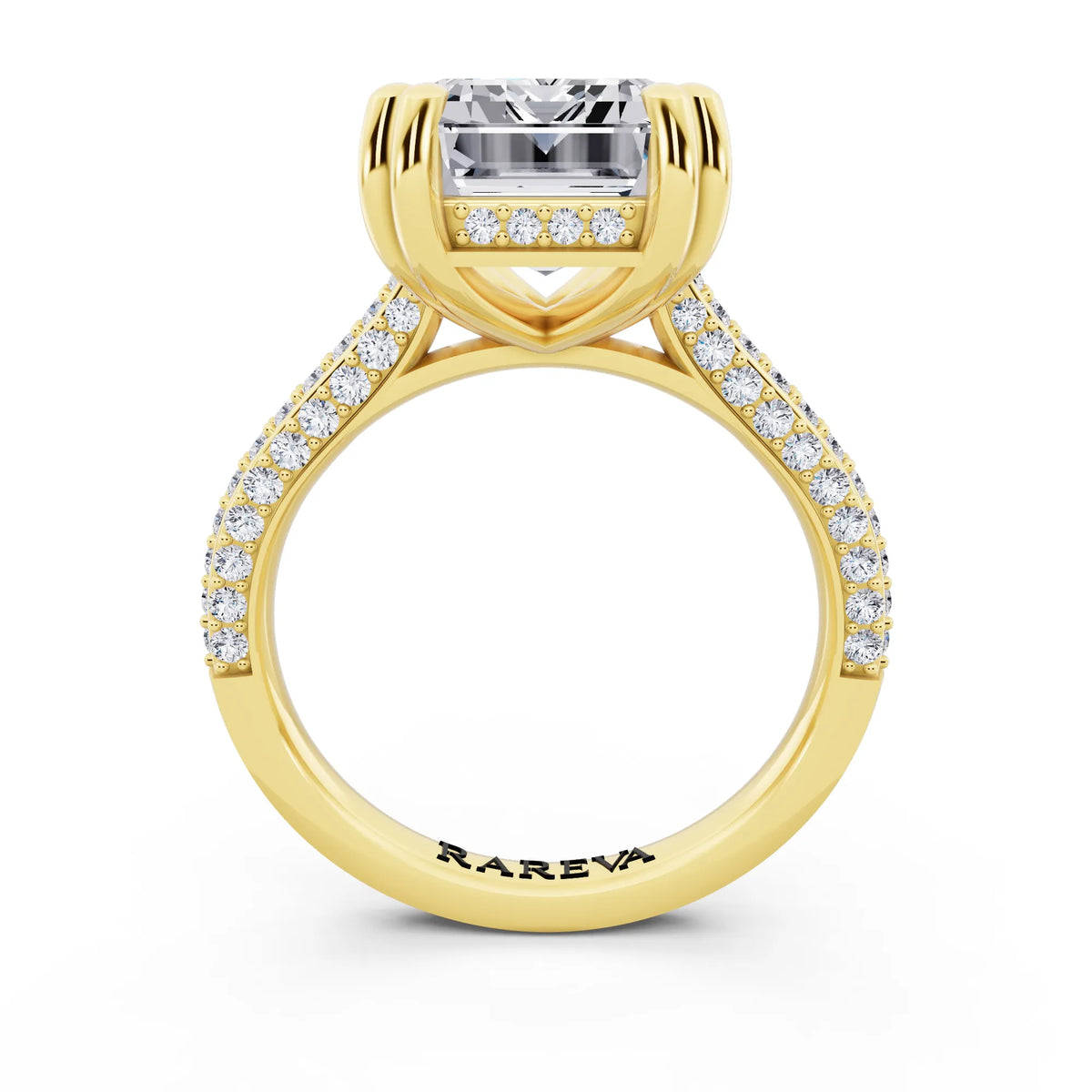 14 KT Yellow Gold Emerald Cut Diamond Hidden Halo Double Claw Pave Band Ring - through finger