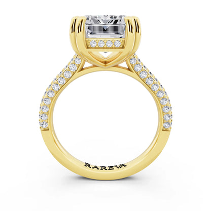 14 KT Yellow Gold Emerald Cut Diamond Hidden Halo Double Claw Pave Band Ring - through finger