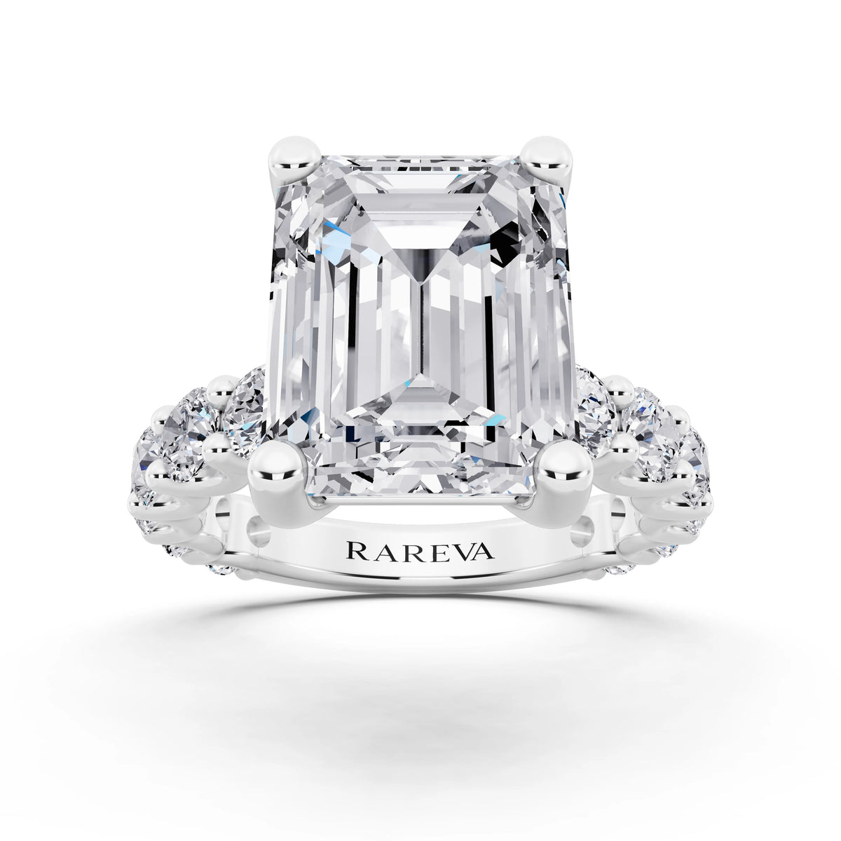 Platinum Emerald Cut Diamond Ring with Shared Prong Eternity Band - front view