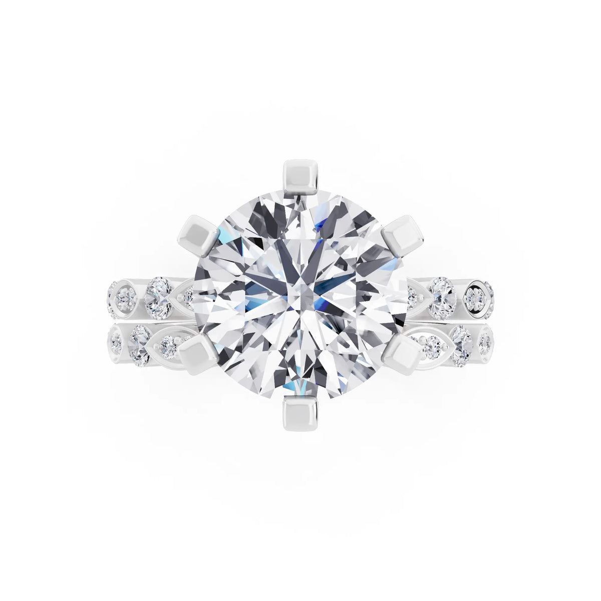 Platinum Round Cut Diamond Solitaire Ring with Marquise Motif Band - Top down
