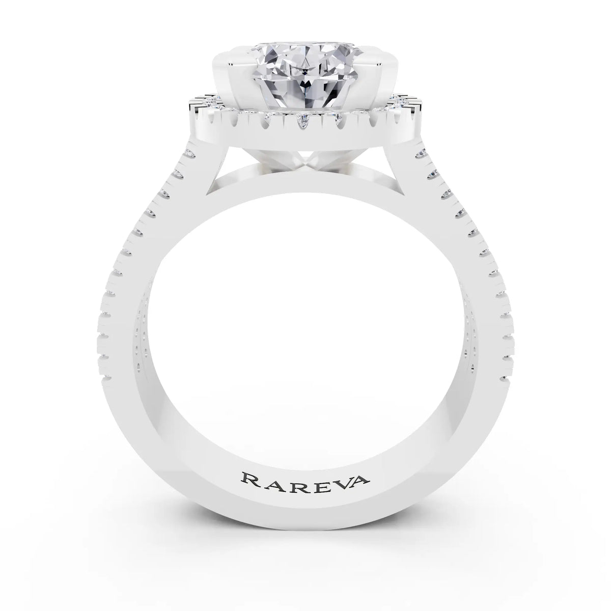 18 KT White Gold Oval Cut Diamond Halo Ring with Twin Pave Band - through finger