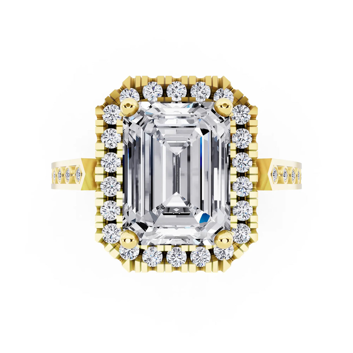 14 KT Yellow Gold Emerald Cut Diamond Halo Ring with Bezel Accent Band - top angle