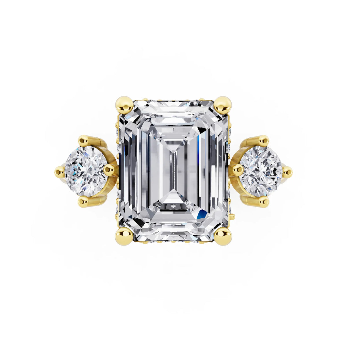 18 KT Yellow Gold Emerald Cut Diamond Three Stone Engagement Ring with Hidden Halo - top angle