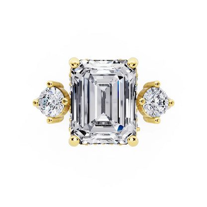 18 KT Yellow Gold Emerald Cut Diamond Three Stone Engagement Ring with Hidden Halo - top angle