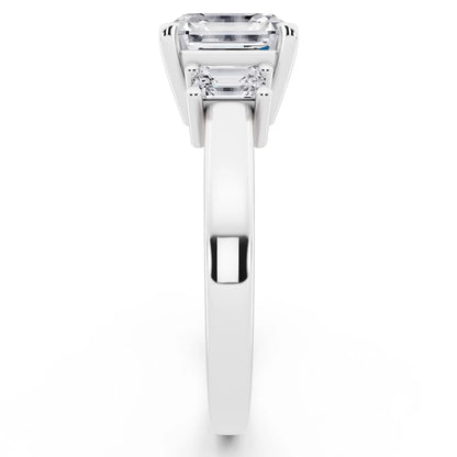 18 KT White Gold Asscher Cut Diamond Three Stone Emerald Accent Ring - side view