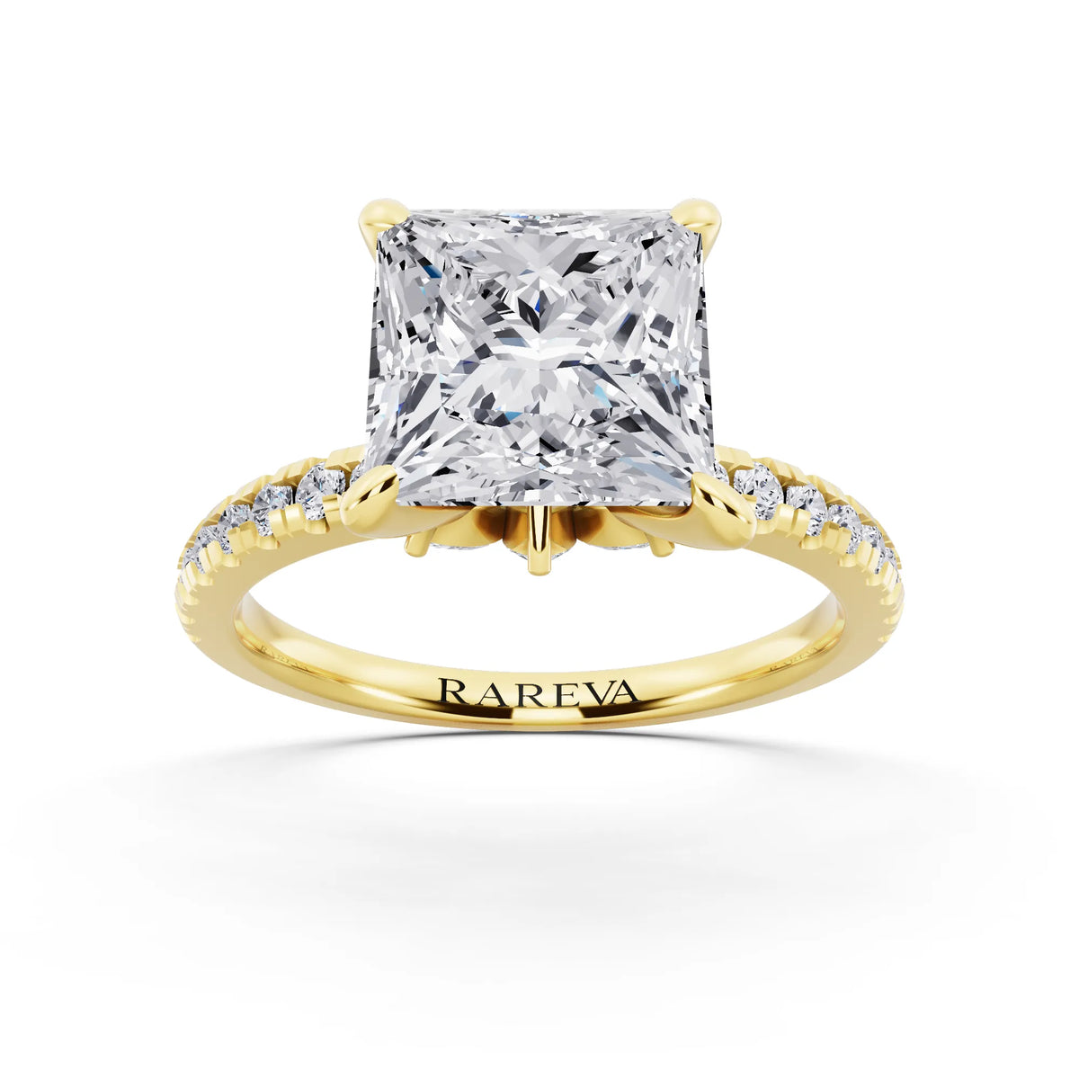 14 KT Yellow Gold Princess Cut Diamond Solitaire Ring with Marquise Collar - front view
