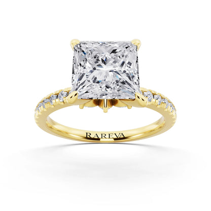 14 KT Yellow Gold Princess Cut Diamond Solitaire Ring with Marquise Collar - front view