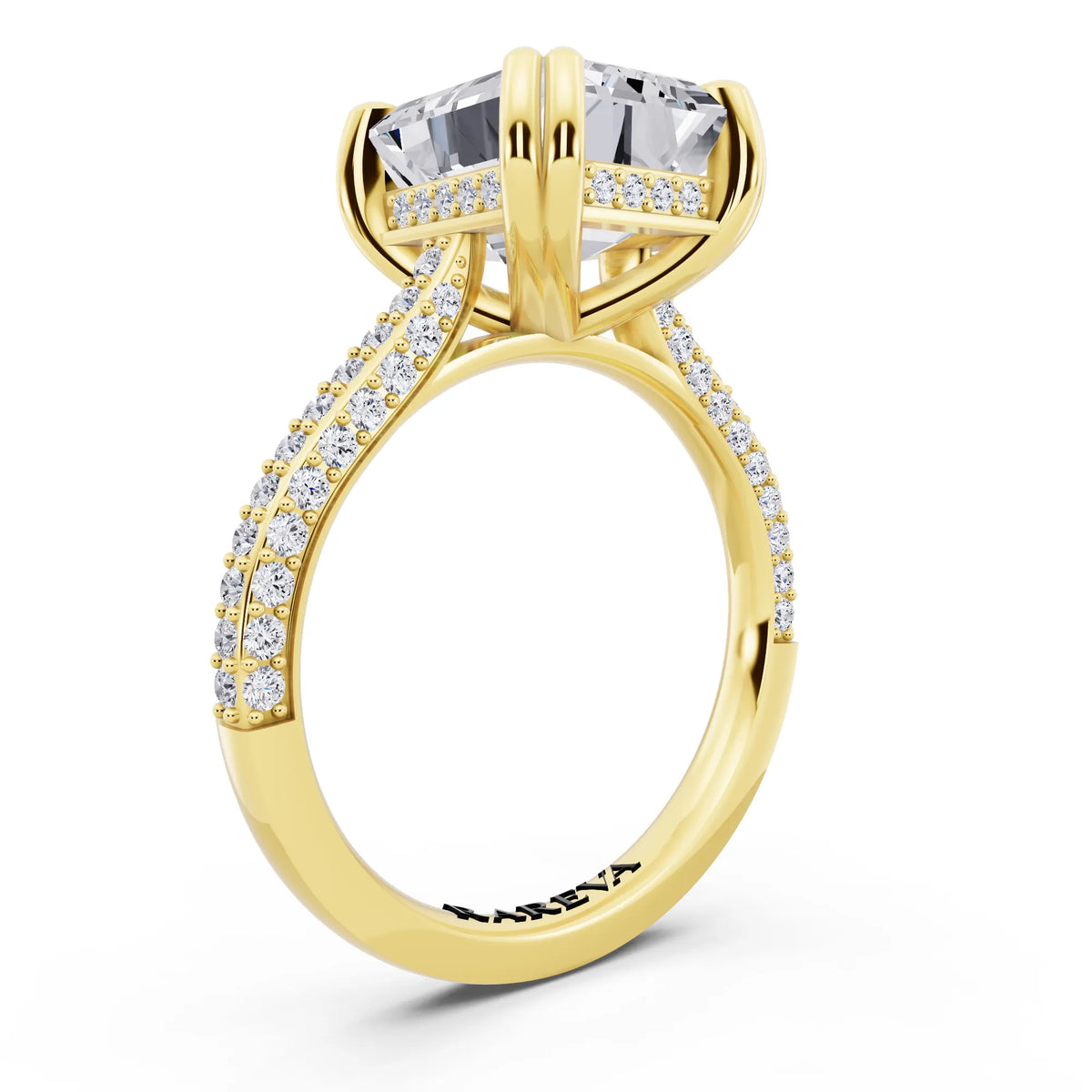 14 KT Yellow Gold Emerald Cut Diamond Hidden Halo Double Claw Pave Band Ring - top view