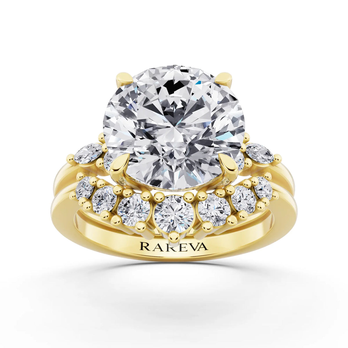 18 KT Yellow Gold Round Cut Diamond Ring with Curved Cluster Band - front view
