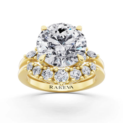 18 KT Yellow Gold Round Cut Diamond Ring with Curved Cluster Band - front view