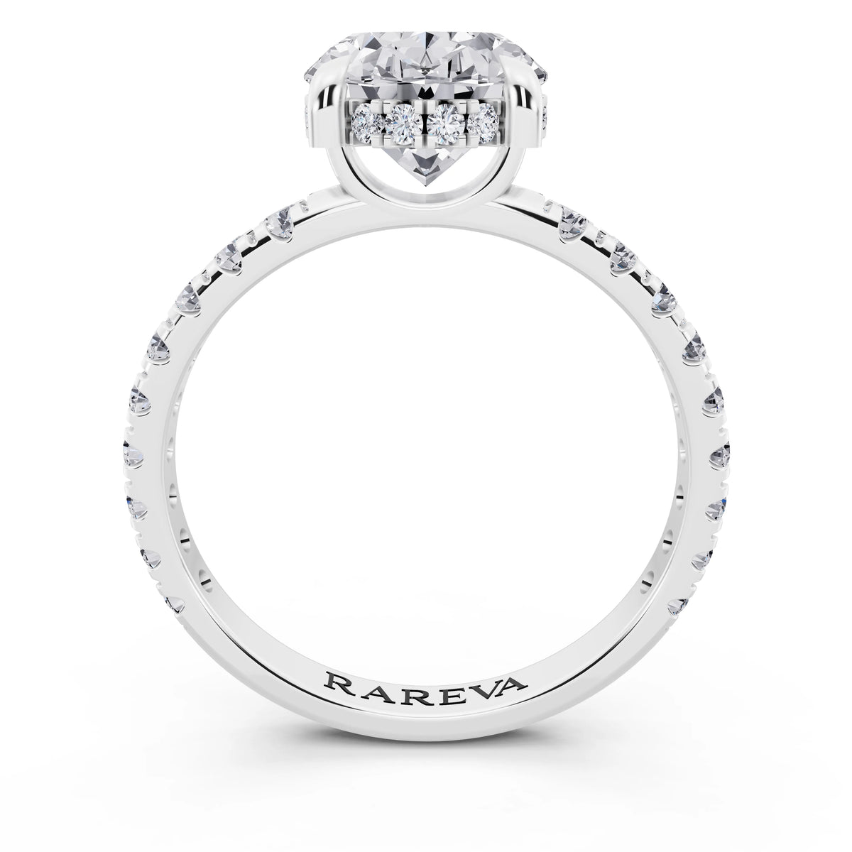 14 KT White Gold Oval Cut Diamond Solitaire Ring with Hidden Halo and French Pave Band - through finger