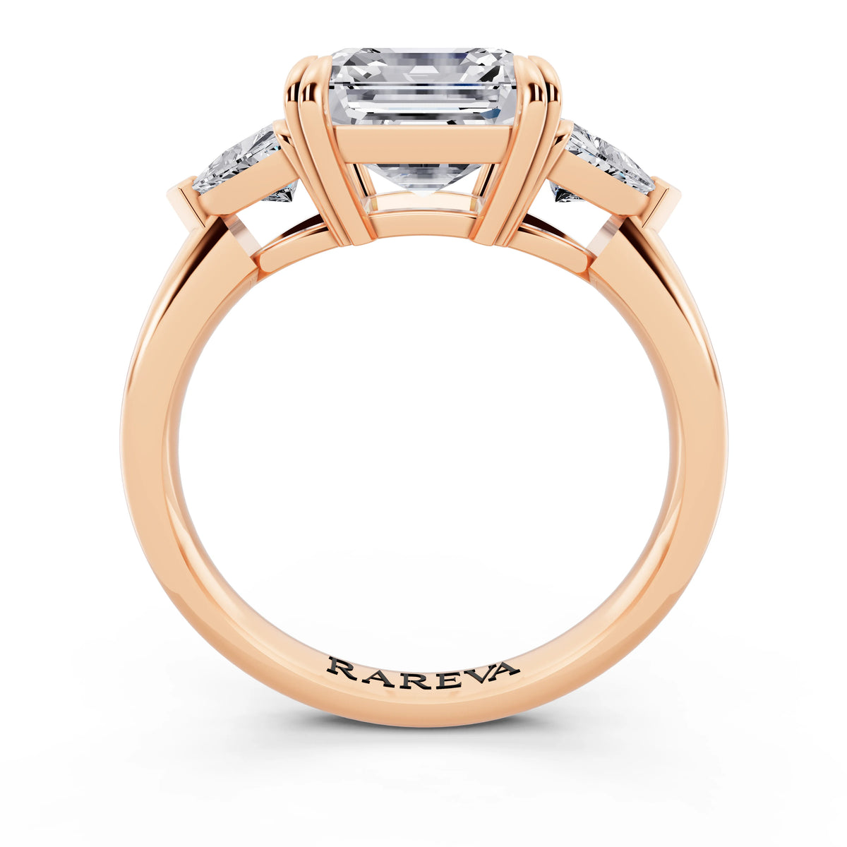 14 KT Rose Gold Asscher Cut Diamond Three Stone Ring with Trillion Accents - through finger