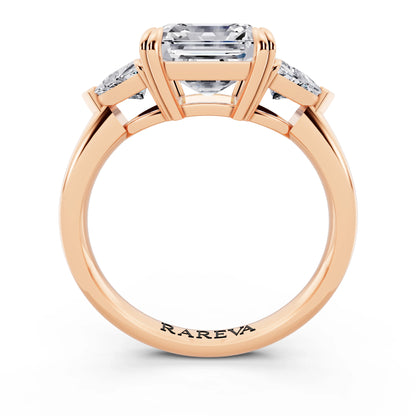 14 KT Rose Gold Asscher Cut Diamond Three Stone Ring with Trillion Accents - through finger