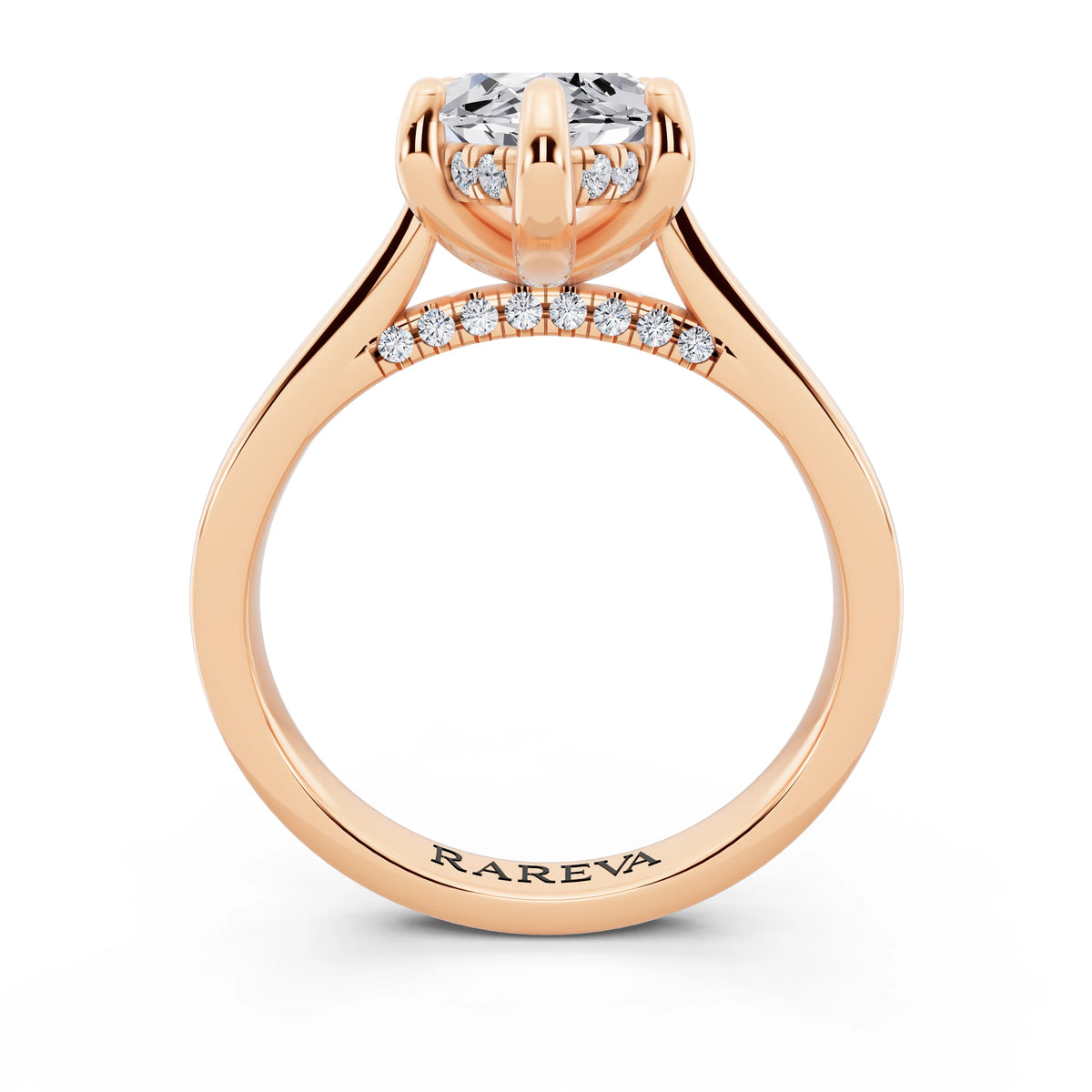 14 KT Rose Gold Marquise Cut Diamond Solitaire Ring with Cathedral Band - through finger