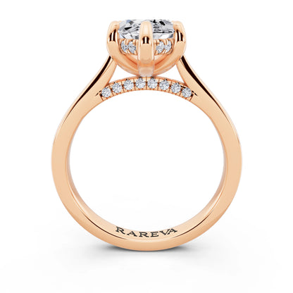 14 KT Rose Gold Marquise Cut Diamond Solitaire Ring with Cathedral Band - through finger