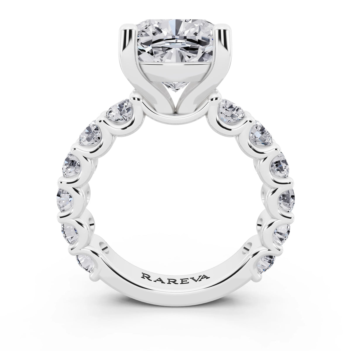 Platinum Cushion Cut Diamond Ring with Shared Prong Eternity Band - through finger