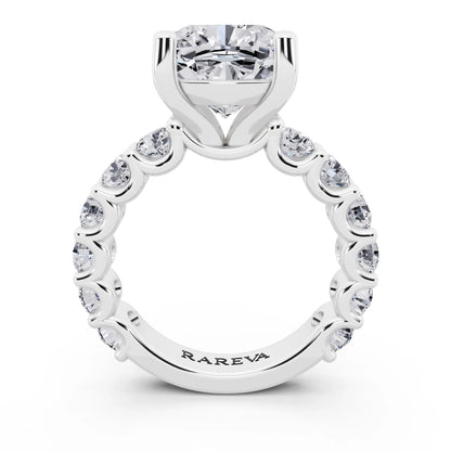 Platinum Cushion Cut Diamond Ring with Shared Prong Eternity Band - through finger