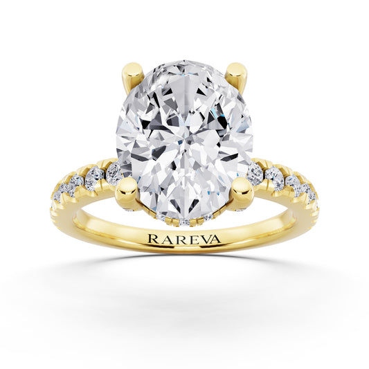 18 KT Yellow Gold Oval Cut Diamond Hidden Halo Ring with Pave Shank - front view