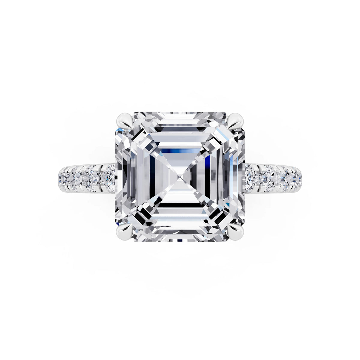 Platinum Asscher Cut Diamond Solitaire Ring with Hidden Halo and French Pave Band - top angle