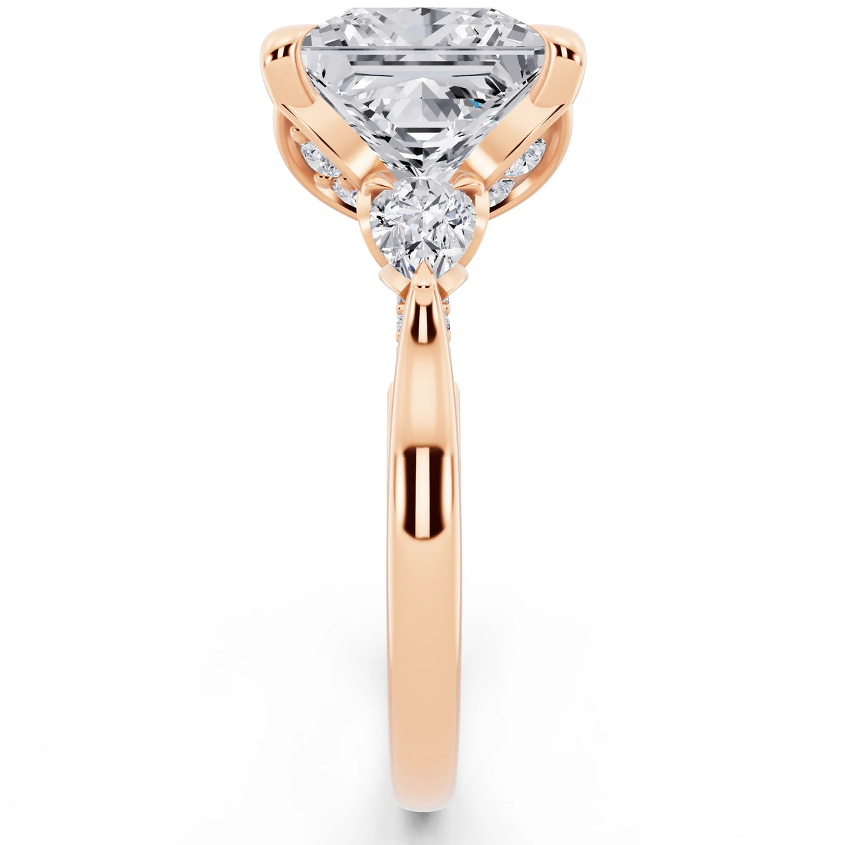 18 KT Rose Gold Princess Cut Diamond Cluster Engagement Ring with Pear Accents and Pavé Band - side view