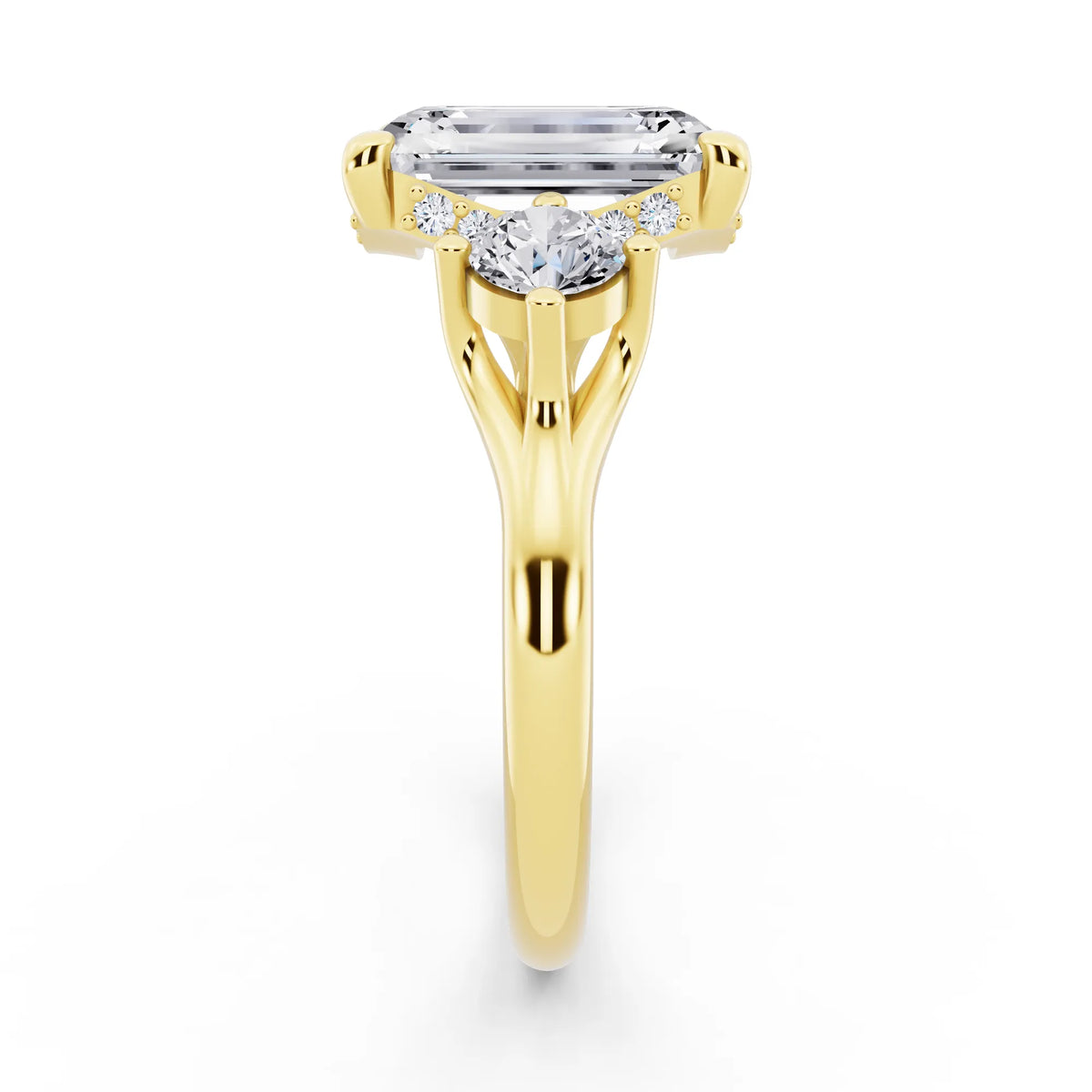 18 KT Yellow Gold Emerald Cut Diamond Three Stone Engagement Ring with Hidden Halo - side view