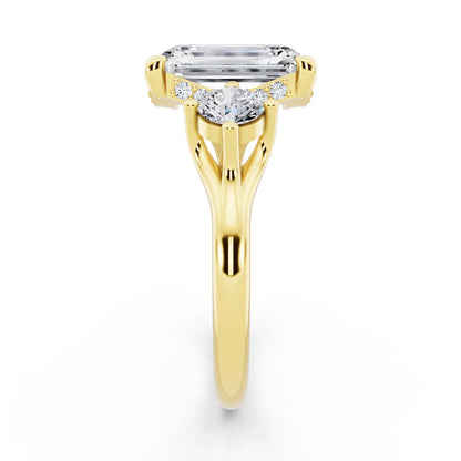 18 KT Yellow Gold Emerald Cut Diamond Three Stone Engagement Ring with Hidden Halo - side view