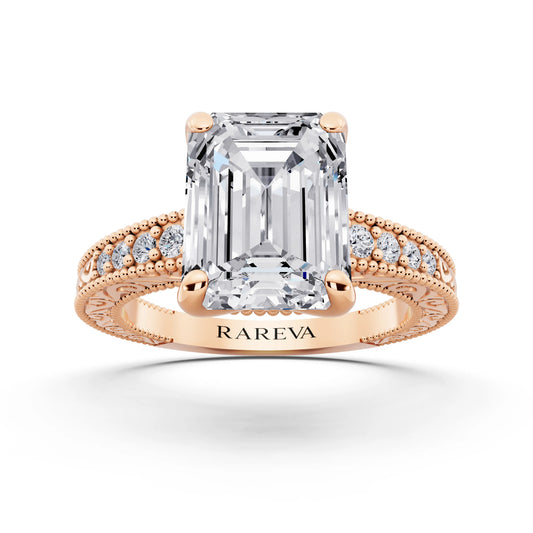 18 KT Rose Gold Emerald Cut Diamond Vintage - front view