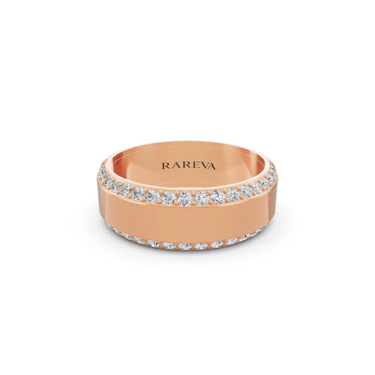 10K Rose Gold Men's Round Cut Diamond Pave Bevel Edge Band - 6.5mm - Front