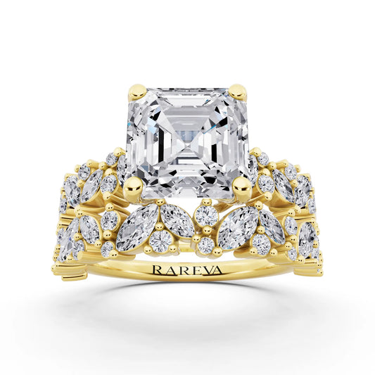 18 KT Yellow Gold Asscher Cut Diamond Ring with Marquise Cluster Band - front view