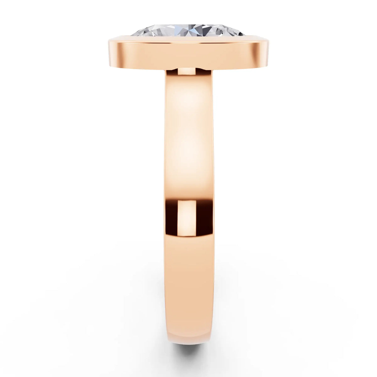 18 KT Rose Gold Oval Cut Diamond Bezel Set Solitaire Ring - side view