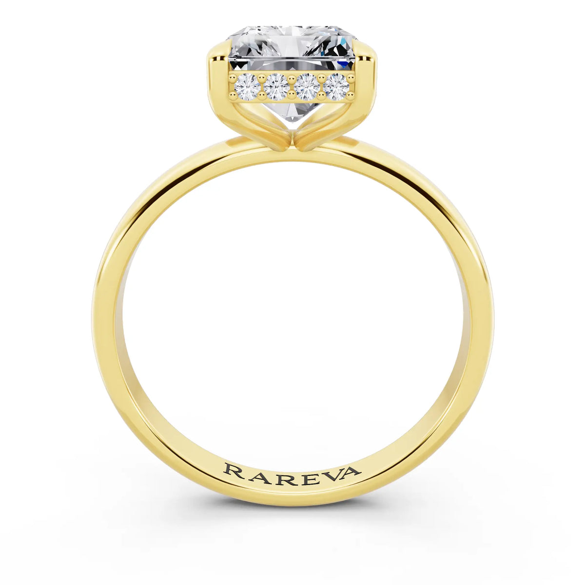 14 KT Yellow Gold Radiant Cut Diamond Hidden Halo Solitaire Ring - through finger