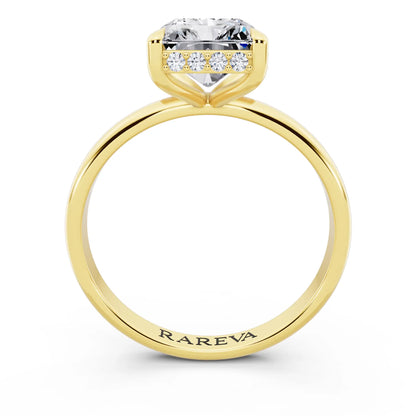 14 KT Yellow Gold Radiant Cut Diamond Hidden Halo Solitaire Ring - through finger