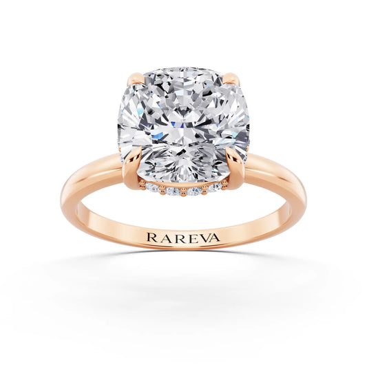 18 KT Rose Gold Cushion Cut Diamond Hidden Halo Solitaire Ring - front view
