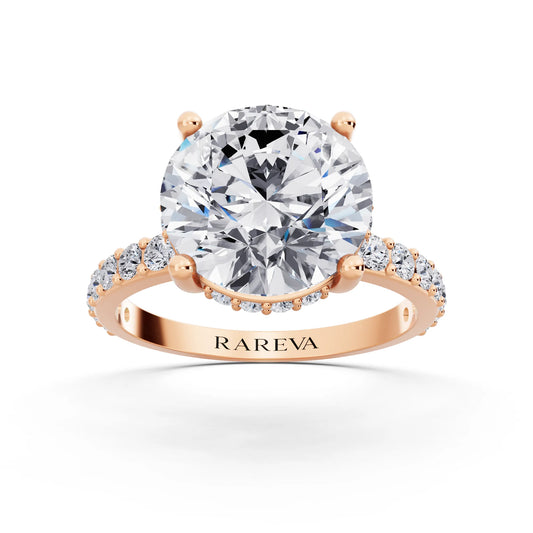 18 KT Rose Gold Round Cut Diamond Solitaire Ring with Hidden Halo and Pave Band - front view