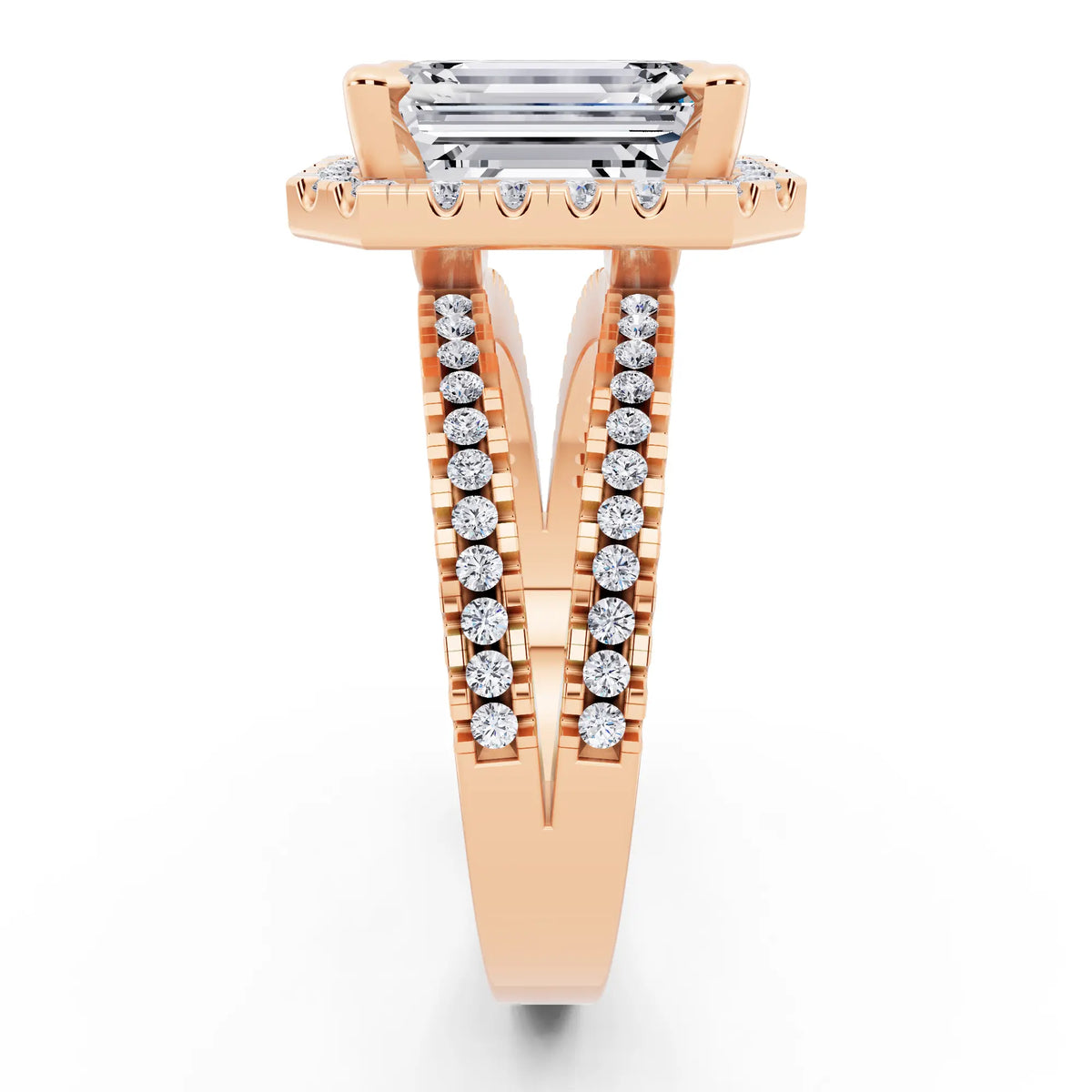 14 KT Rose Gold Emerald Cut Diamond Halo Ring with Pave Split Shank - side view