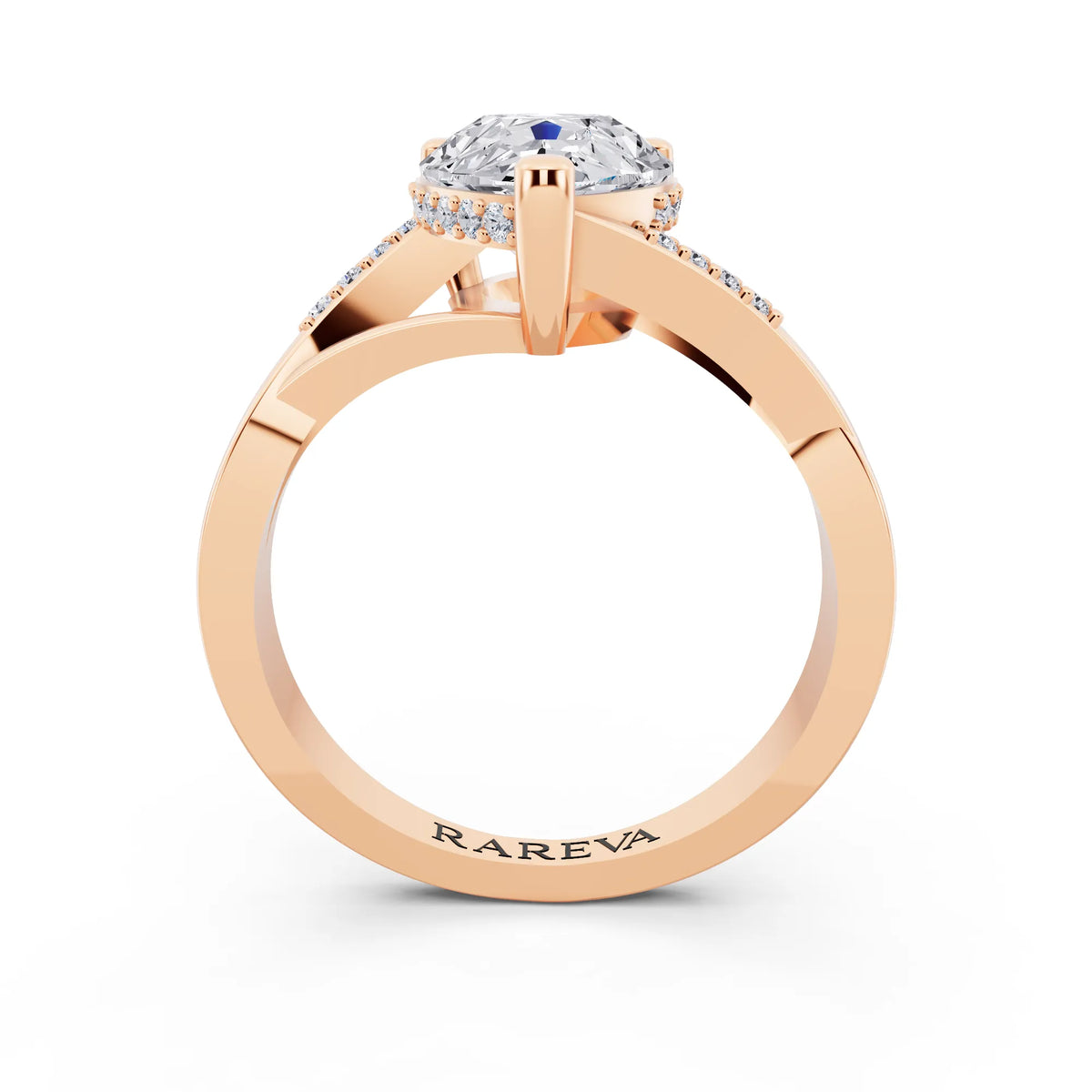 18 KT Rose Gold Pear Cut Diamond Split Shank Engagement Ring with Hidden Halo - through finger