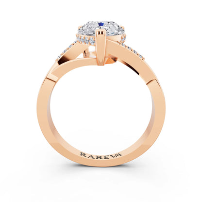 18 KT Rose Gold Pear Cut Diamond Split Shank Engagement Ring with Hidden Halo - through finger