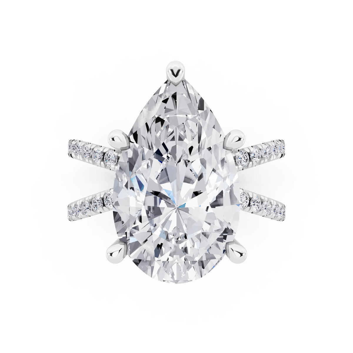 Platinum Pear Cut Diamond Ring with Twisted Split Shank - top angle