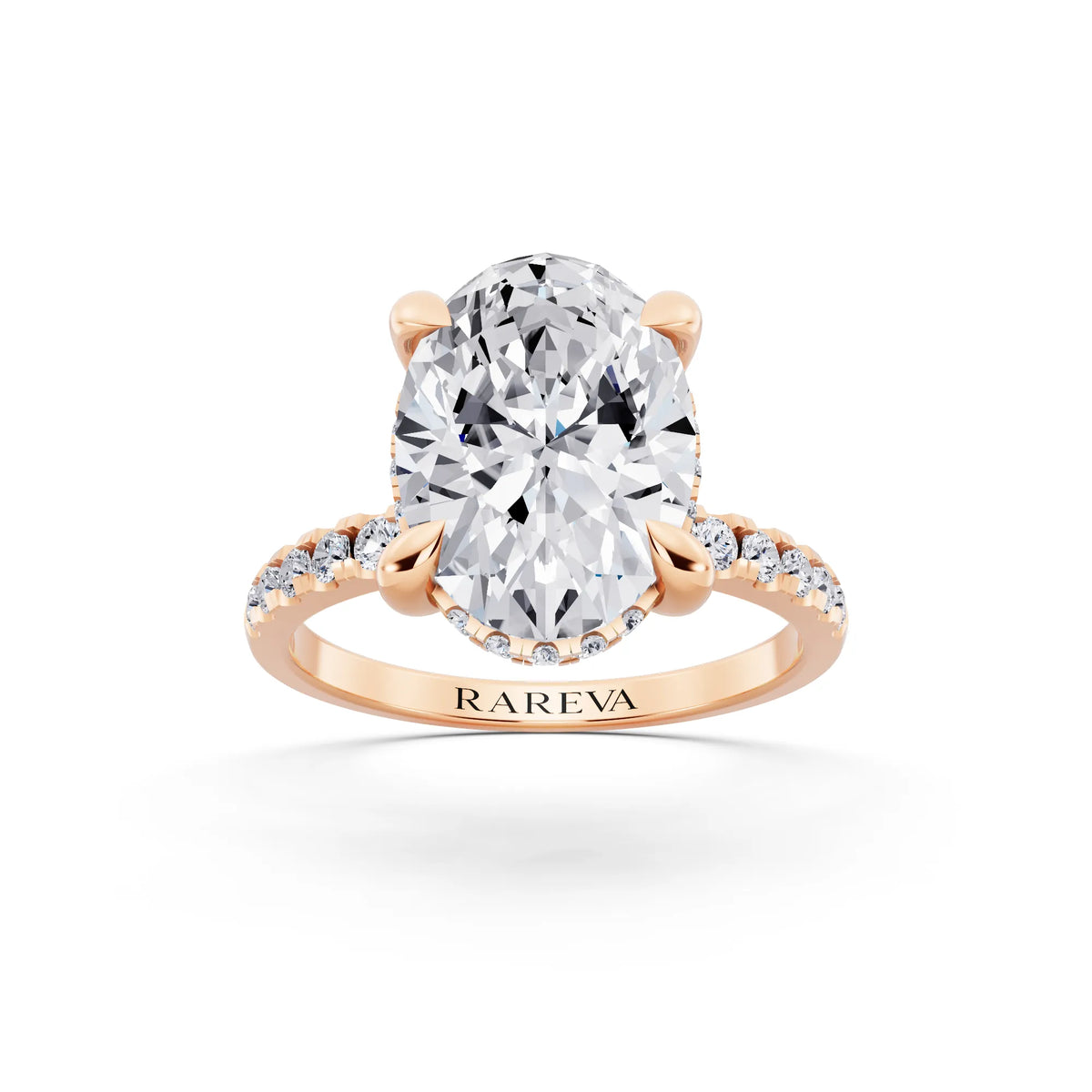 18 KT Rose Gold Oval Cut Diamond Solitaire Ring with Round Pavé Band and Prong Setting - front view