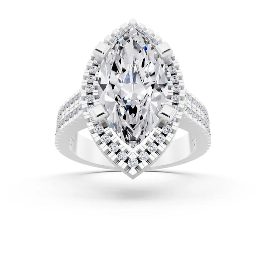 14 KT White Gold Marquise Cut Diamond Halo Ring with Twin Pave Band - front view