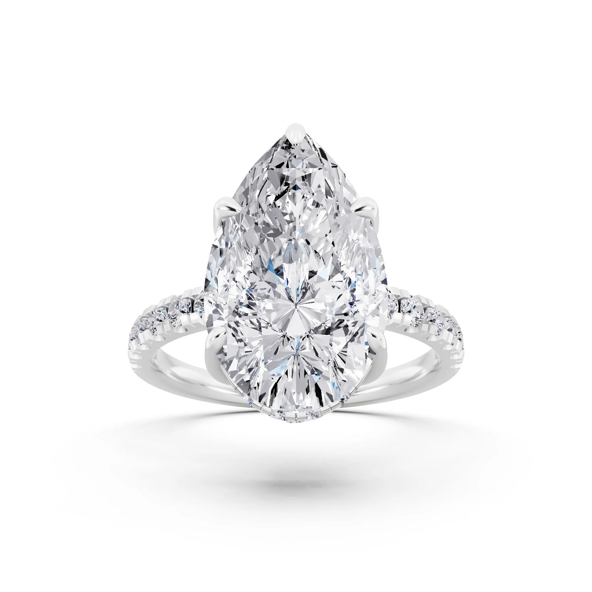 14 KT White Gold Pear Cut Diamond Hidden Halo Tiger Prong Pave Band Ring - front view
