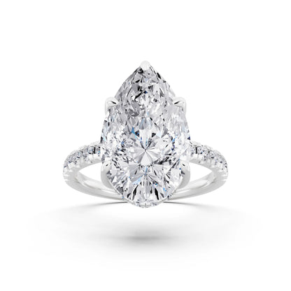 14 KT White Gold Pear Cut Diamond Hidden Halo Tiger Prong Pave Band Ring - front view