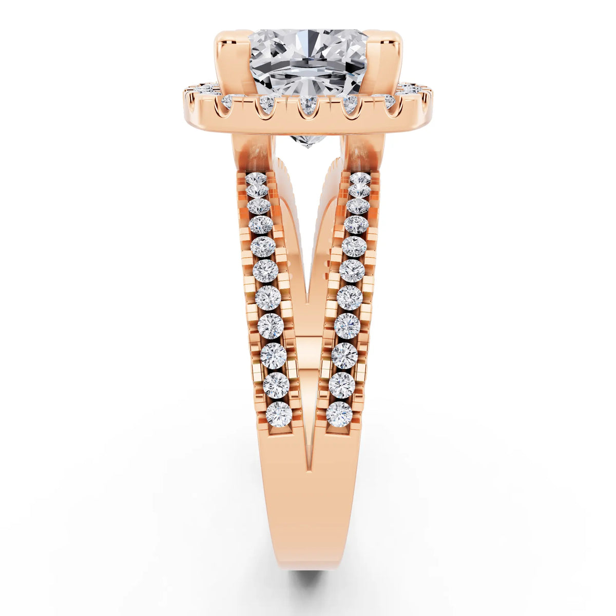14 KT Rose Gold Cushion Cut Diamond Halo Ring with Pave Split Shank - side view