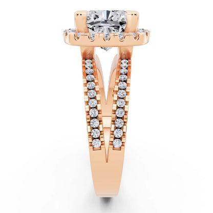 14 KT Rose Gold Cushion Cut Diamond Halo Ring with Pave Split Shank - side view