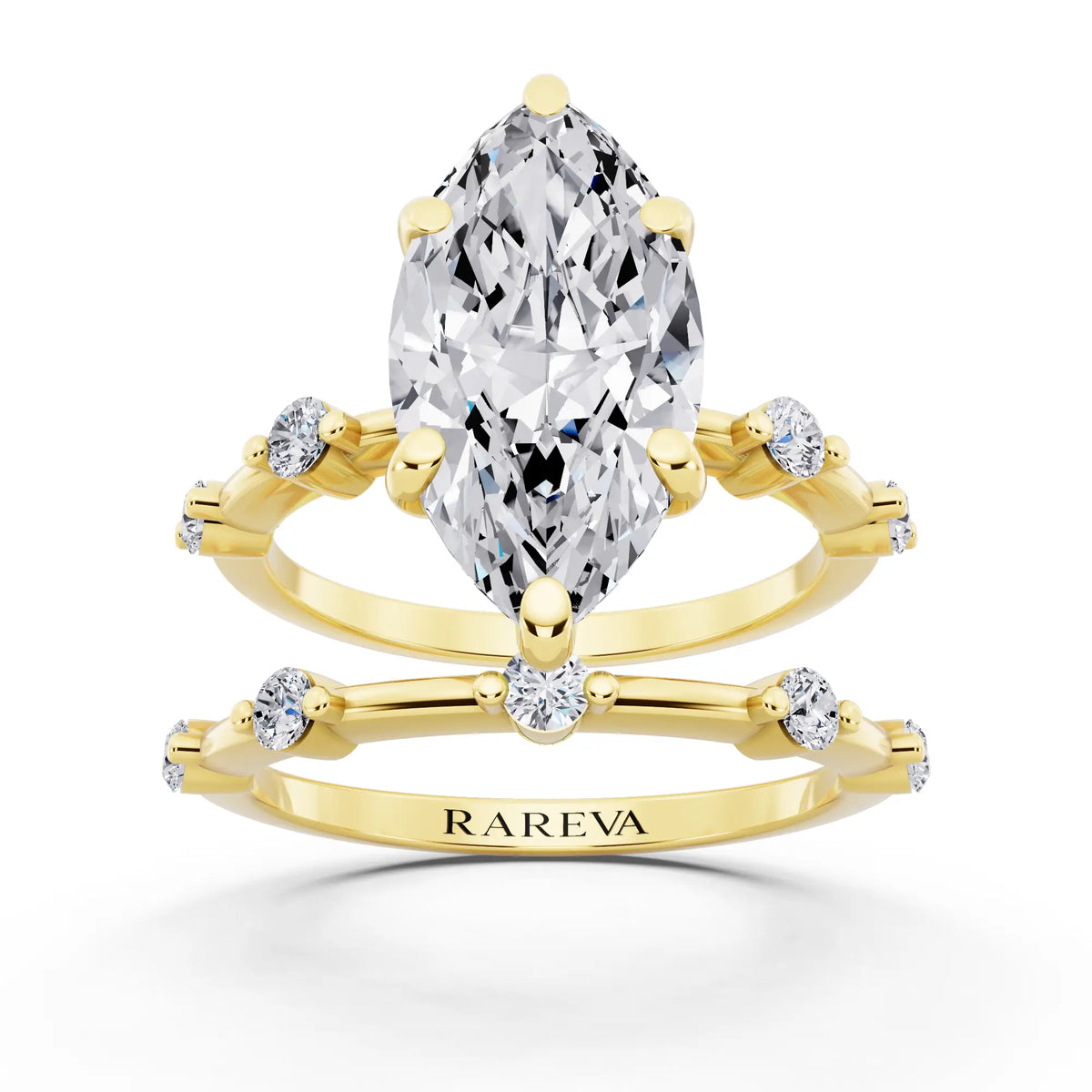 18 KT Yellow Gold Marquise Cut Diamond Ring with Floating Accent Band - front view